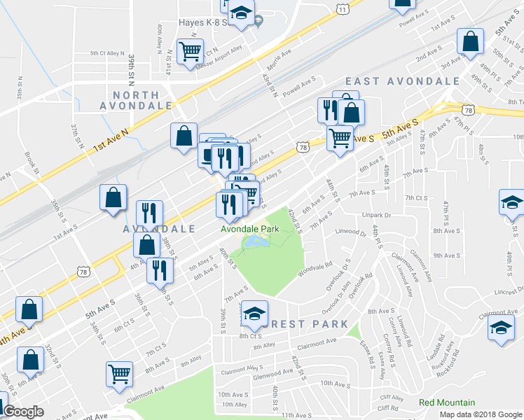 map of restaurants, bars, coffee shops, grocery stores, and more near 4110 5th Avenue South in Birmingham