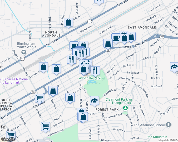 map of restaurants, bars, coffee shops, grocery stores, and more near 4110 5th Avenue South in Birmingham