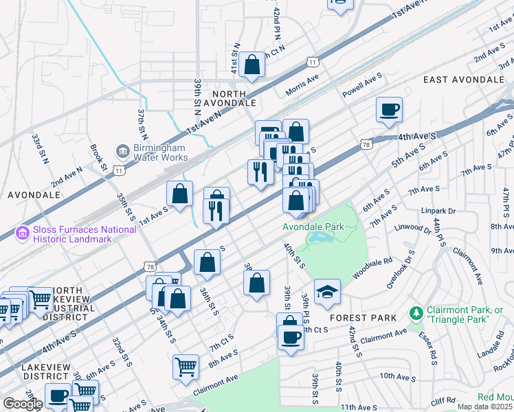 map of restaurants, bars, coffee shops, grocery stores, and more near 304 39th Street South in Birmingham