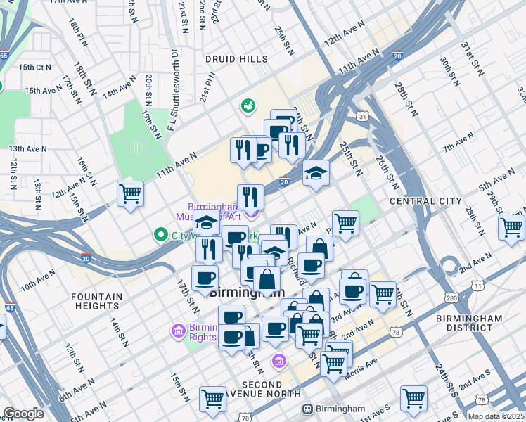 map of restaurants, bars, coffee shops, grocery stores, and more near 2221 Richard Arrington Junior Boulevard North in Birmingham