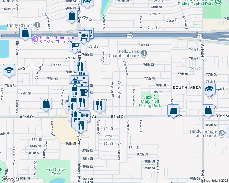 map of restaurants, bars, coffee shops, grocery stores, and more near 7807 Avenue W in Lubbock