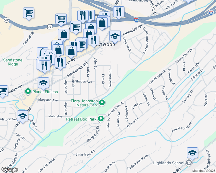 map of restaurants, bars, coffee shops, grocery stores, and more near 221 Woodside Drive in Irondale
