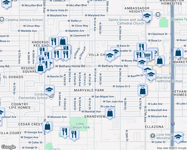 map of restaurants, bars, coffee shops, grocery stores, and more near 5736 North 31st Drive in Phoenix