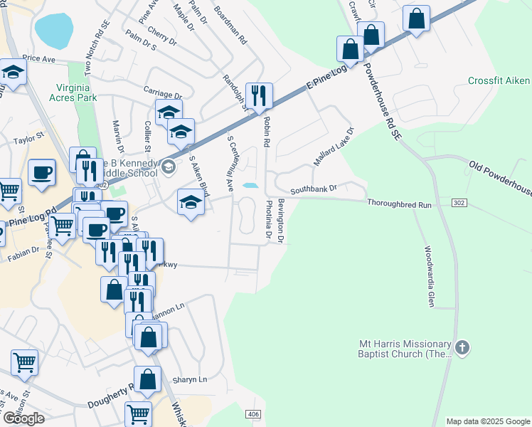 map of restaurants, bars, coffee shops, grocery stores, and more near 151 Bevington Drive in Aiken