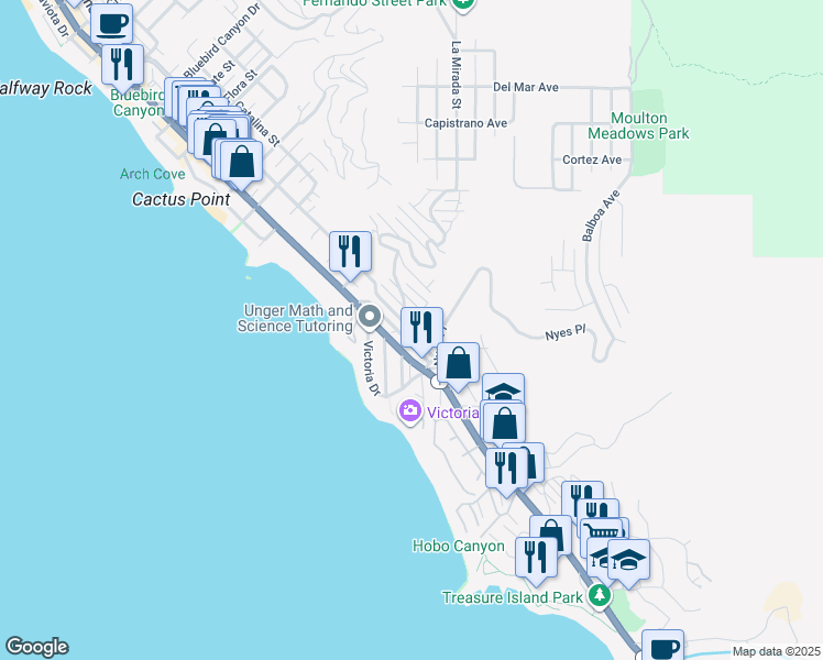 map of restaurants, bars, coffee shops, grocery stores, and more near 181 Sunset Terrace in Laguna Beach