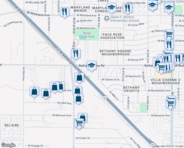map of restaurants, bars, coffee shops, grocery stores, and more near 5810 North 49th Avenue in Glendale
