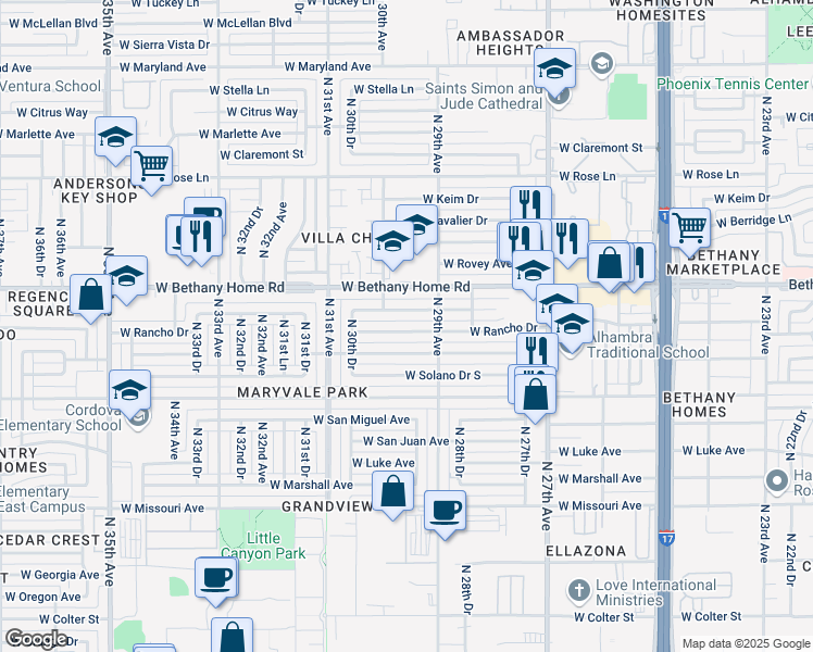 map of restaurants, bars, coffee shops, grocery stores, and more near 2920 West Solano Drive North in Phoenix