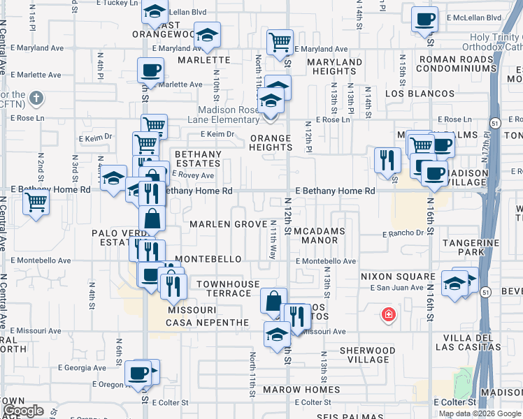 map of restaurants, bars, coffee shops, grocery stores, and more near 1131 East Palo Verde Drive in Phoenix