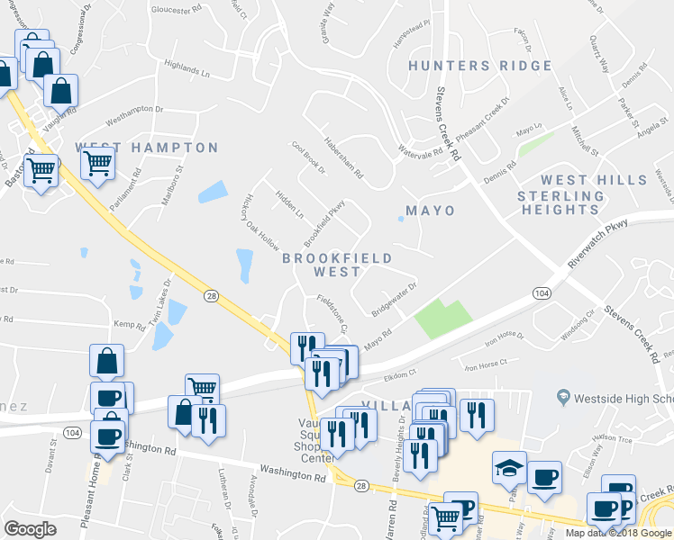 map of restaurants, bars, coffee shops, grocery stores, and more near 716 Stillwater Drive in Augusta