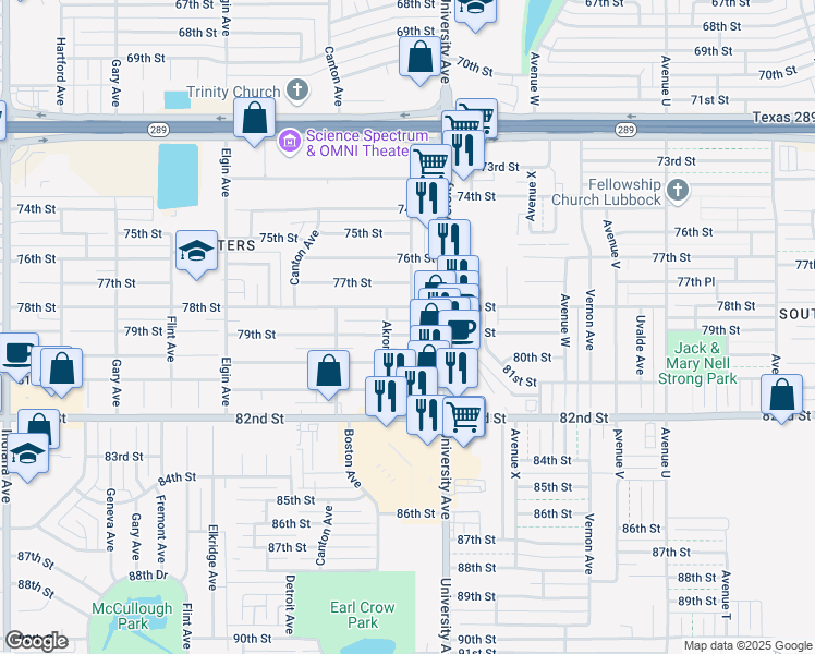 map of restaurants, bars, coffee shops, grocery stores, and more near 2606 78th Street in Lubbock
