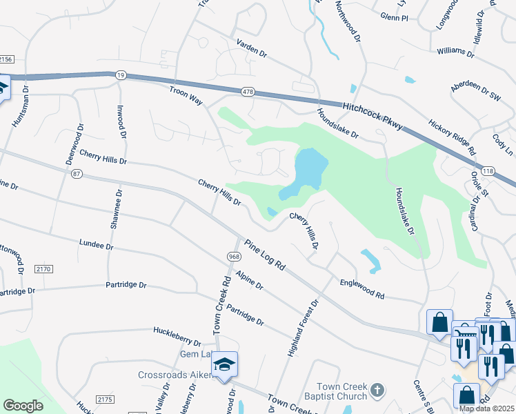map of restaurants, bars, coffee shops, grocery stores, and more near 84 Cherry Hills Drive in Aiken