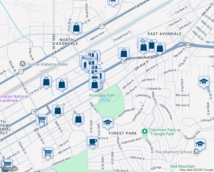map of restaurants, bars, coffee shops, grocery stores, and more near 4132 4th Avenue South in Birmingham