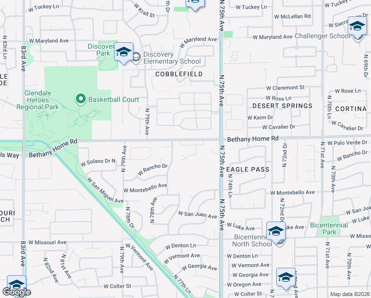 map of restaurants, bars, coffee shops, grocery stores, and more near 7677 West Bethany Home Road in Glendale