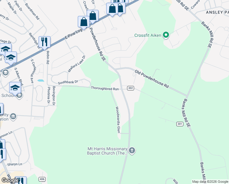 map of restaurants, bars, coffee shops, grocery stores, and more near 1448 Powderhouse Road Southeast in Aiken