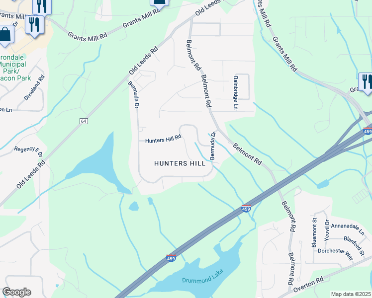 map of restaurants, bars, coffee shops, grocery stores, and more near Hunters Hill Drive in Birmingham