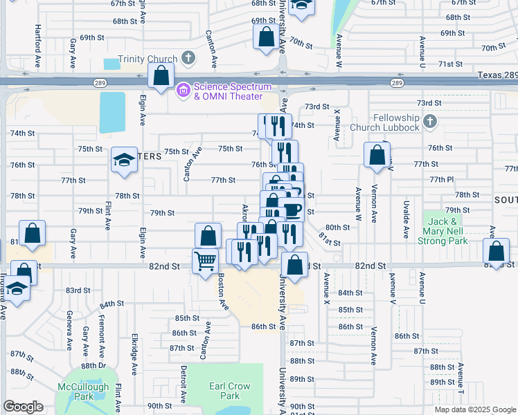 map of restaurants, bars, coffee shops, grocery stores, and more near 2606 78th Street in Lubbock