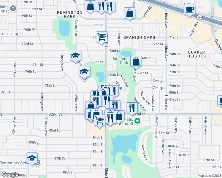 map of restaurants, bars, coffee shops, grocery stores, and more near 5110 78th Street in Lubbock