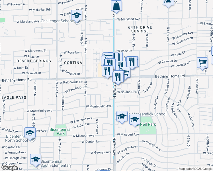 map of restaurants, bars, coffee shops, grocery stores, and more near 6731 West Bethany Home Road in Glendale