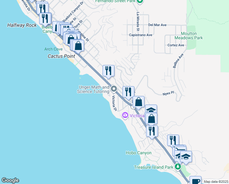 map of restaurants, bars, coffee shops, grocery stores, and more near in Laguna Beach