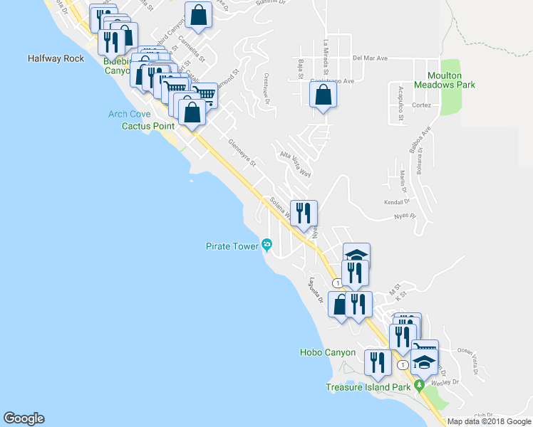 map of restaurants, bars, coffee shops, grocery stores, and more near in Laguna Beach