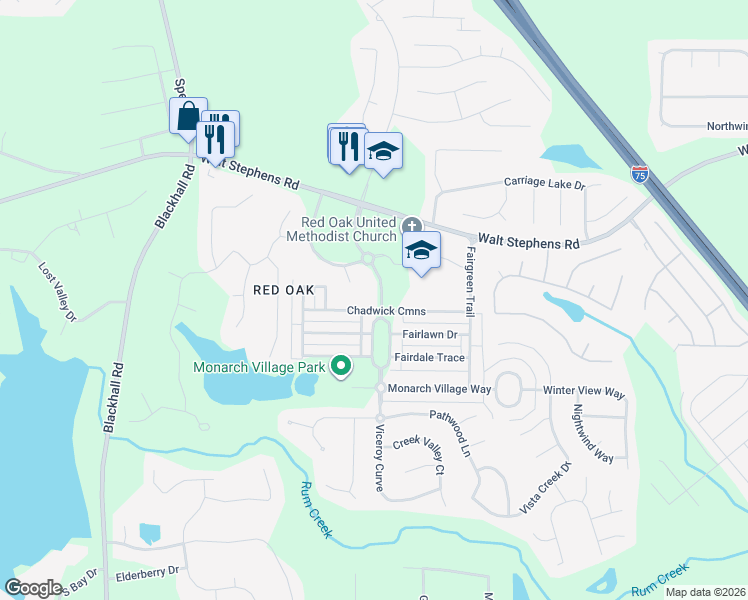 map of restaurants, bars, coffee shops, grocery stores, and more near 212 Monarch Village Way in Stockbridge