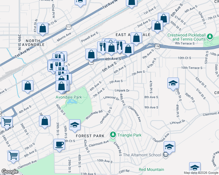 map of restaurants, bars, coffee shops, grocery stores, and more near 4420 7th Avenue South in Birmingham