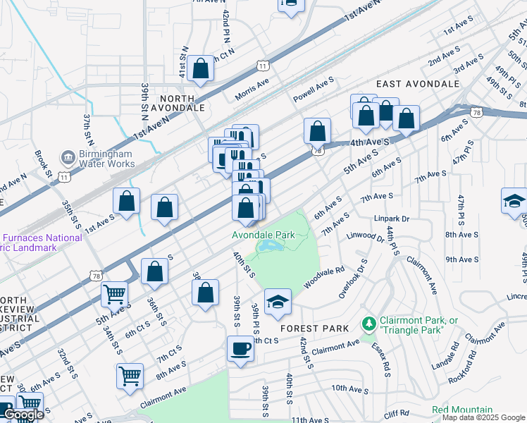 map of restaurants, bars, coffee shops, grocery stores, and more near 4132 4th Avenue South in Birmingham
