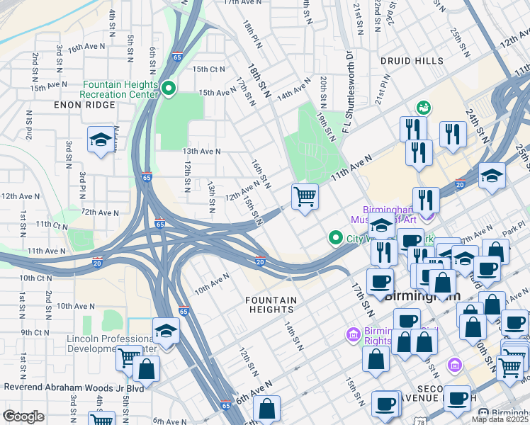 map of restaurants, bars, coffee shops, grocery stores, and more near 1120 16th Street North in Birmingham
