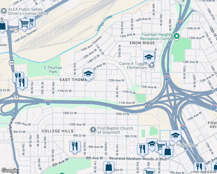 map of restaurants, bars, coffee shops, grocery stores, and more near 1160 Center Street in Birmingham