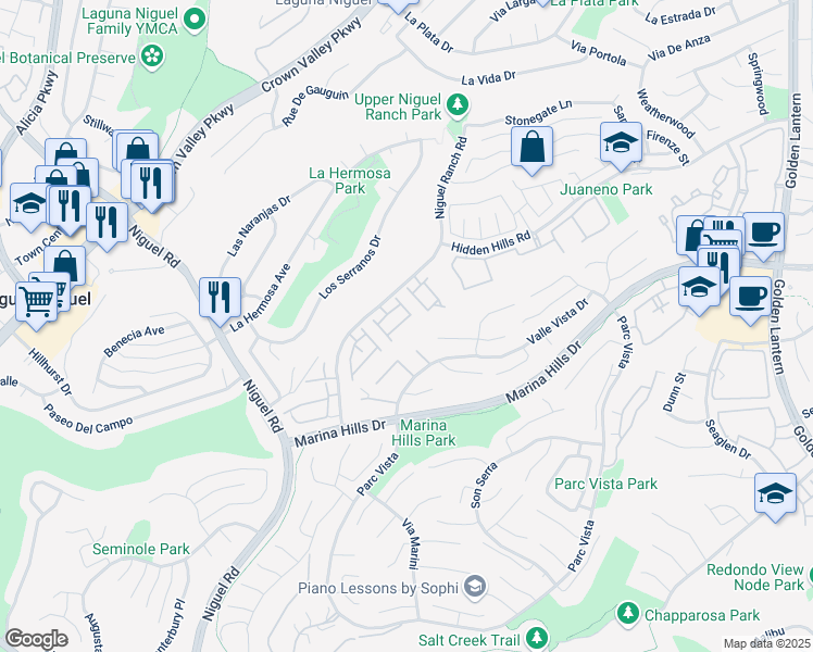 map of restaurants, bars, coffee shops, grocery stores, and more near 24651 Camden Court in Laguna Niguel
