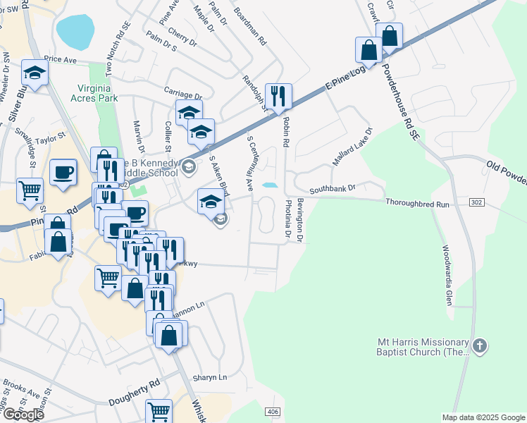 map of restaurants, bars, coffee shops, grocery stores, and more near 1900 Roses Run in Aiken