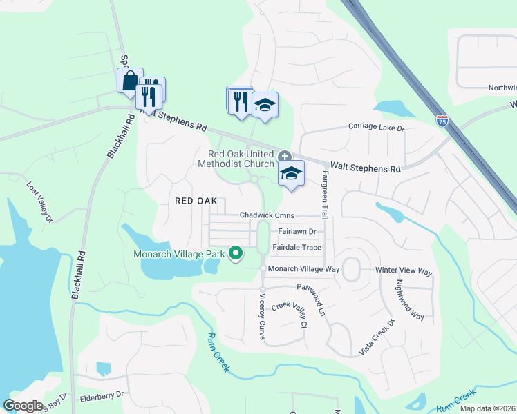 map of restaurants, bars, coffee shops, grocery stores, and more near 212 Monarch Village Way in Stockbridge