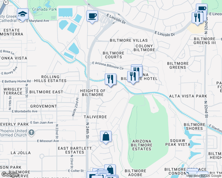 map of restaurants, bars, coffee shops, grocery stores, and more near 2501 East Telawa Trail in Phoenix