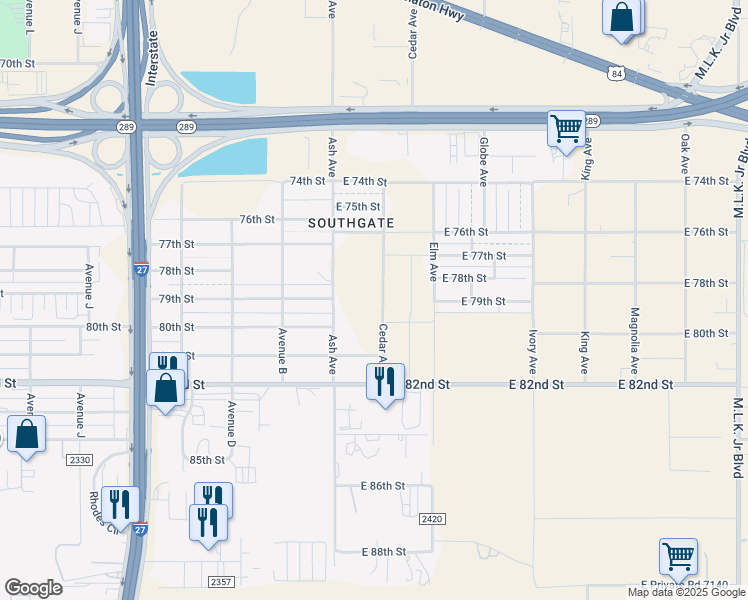 map of restaurants, bars, coffee shops, grocery stores, and more near 7902 Cedar Avenue in Lubbock