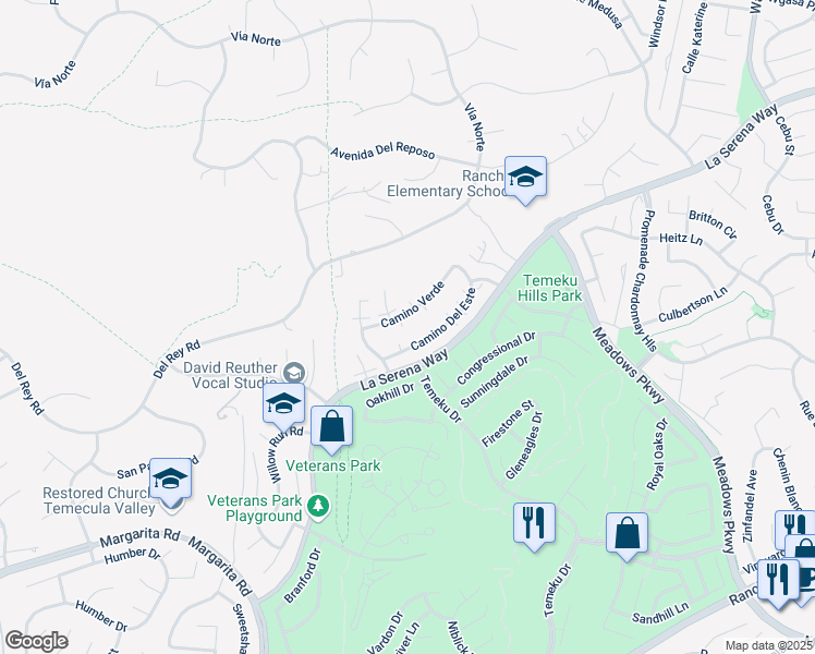 map of restaurants, bars, coffee shops, grocery stores, and more near 41154 Poco Via Street in Temecula