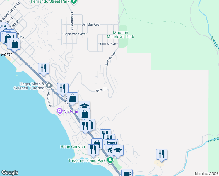 map of restaurants, bars, coffee shops, grocery stores, and more near 775 Kendall Drive in Laguna Beach