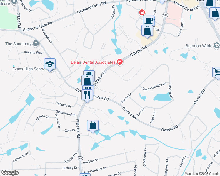 map of restaurants, bars, coffee shops, grocery stores, and more near 325 North Belair Road in Evans