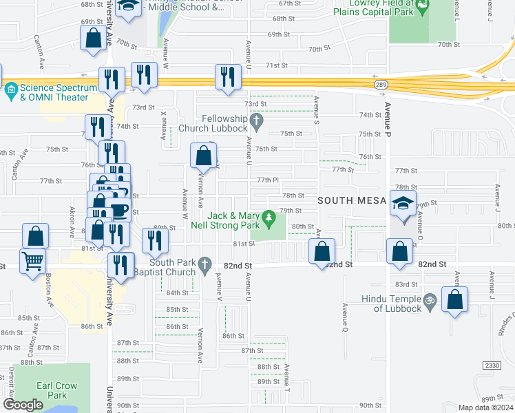 map of restaurants, bars, coffee shops, grocery stores, and more near 2008 79th Street in Lubbock