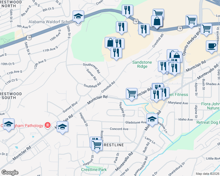map of restaurants, bars, coffee shops, grocery stores, and more near 1300 Cresthill Road in Birmingham