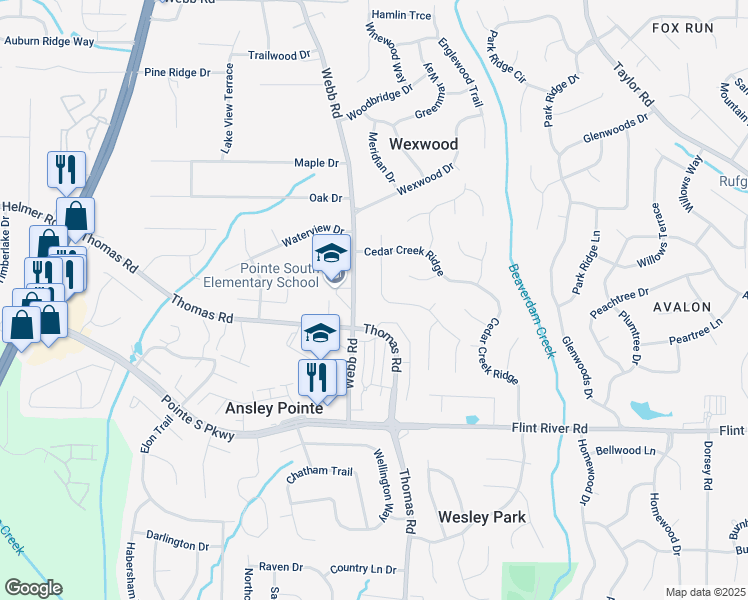 map of restaurants, bars, coffee shops, grocery stores, and more near 8529 Glendevon Court in Riverdale