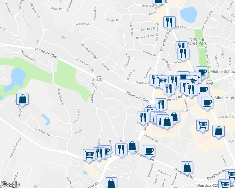 map of restaurants, bars, coffee shops, grocery stores, and more near 42 Bluff Pointe Way in Aiken