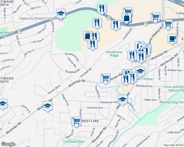 map of restaurants, bars, coffee shops, grocery stores, and more near 1321 Cresthill Road in Birmingham