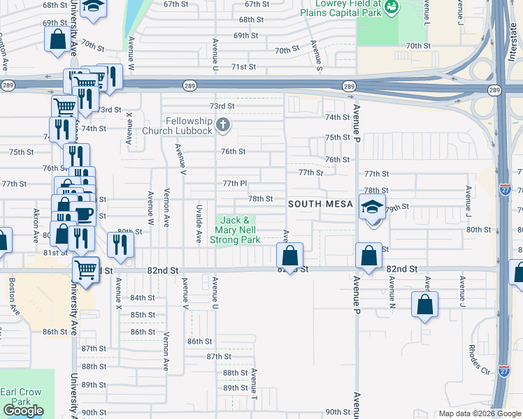 map of restaurants, bars, coffee shops, grocery stores, and more near 1918 79th Street in Lubbock