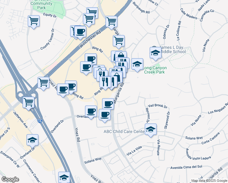 map of restaurants, bars, coffee shops, grocery stores, and more near 41557 Margarita Road in Temecula