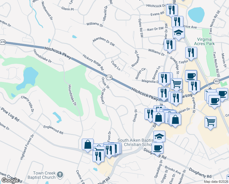 map of restaurants, bars, coffee shops, grocery stores, and more near 720 Oriole Street in Aiken