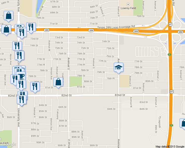 map of restaurants, bars, coffee shops, grocery stores, and more near 1902 78th Street in Lubbock