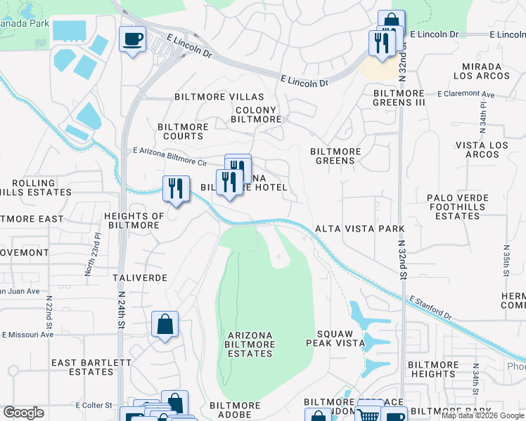 map of restaurants, bars, coffee shops, grocery stores, and more near 2400 East Missouri Avenue in Phoenix