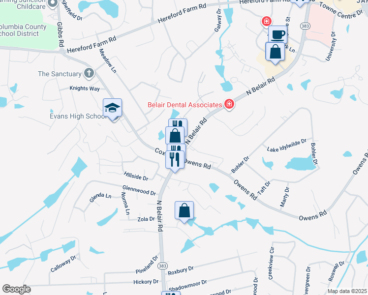 map of restaurants, bars, coffee shops, grocery stores, and more near 100 SRP Drive in Evans