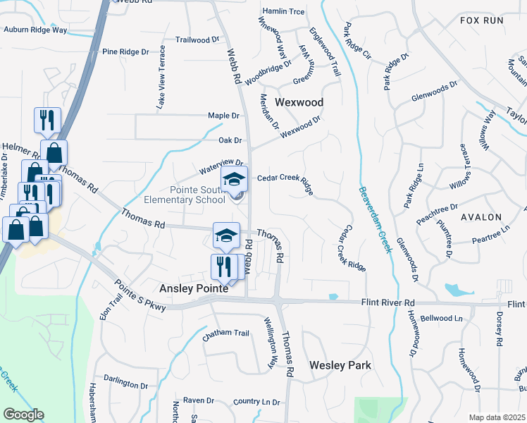 map of restaurants, bars, coffee shops, grocery stores, and more near 8529 Glendevon Court in Riverdale