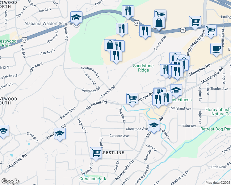 map of restaurants, bars, coffee shops, grocery stores, and more near 1321 Cresthill Road in Birmingham